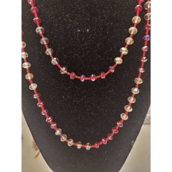 Womens 24" Red/White/Smokey Grey Glass Beaded Necklace - Picture 1 of 3